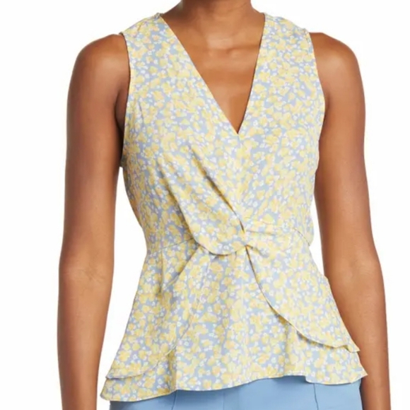 Pleione Sleeveless V-neck Twist Blouse In Dusty Blue Yellow Floral Size XS NWT - Picture 1 of 9